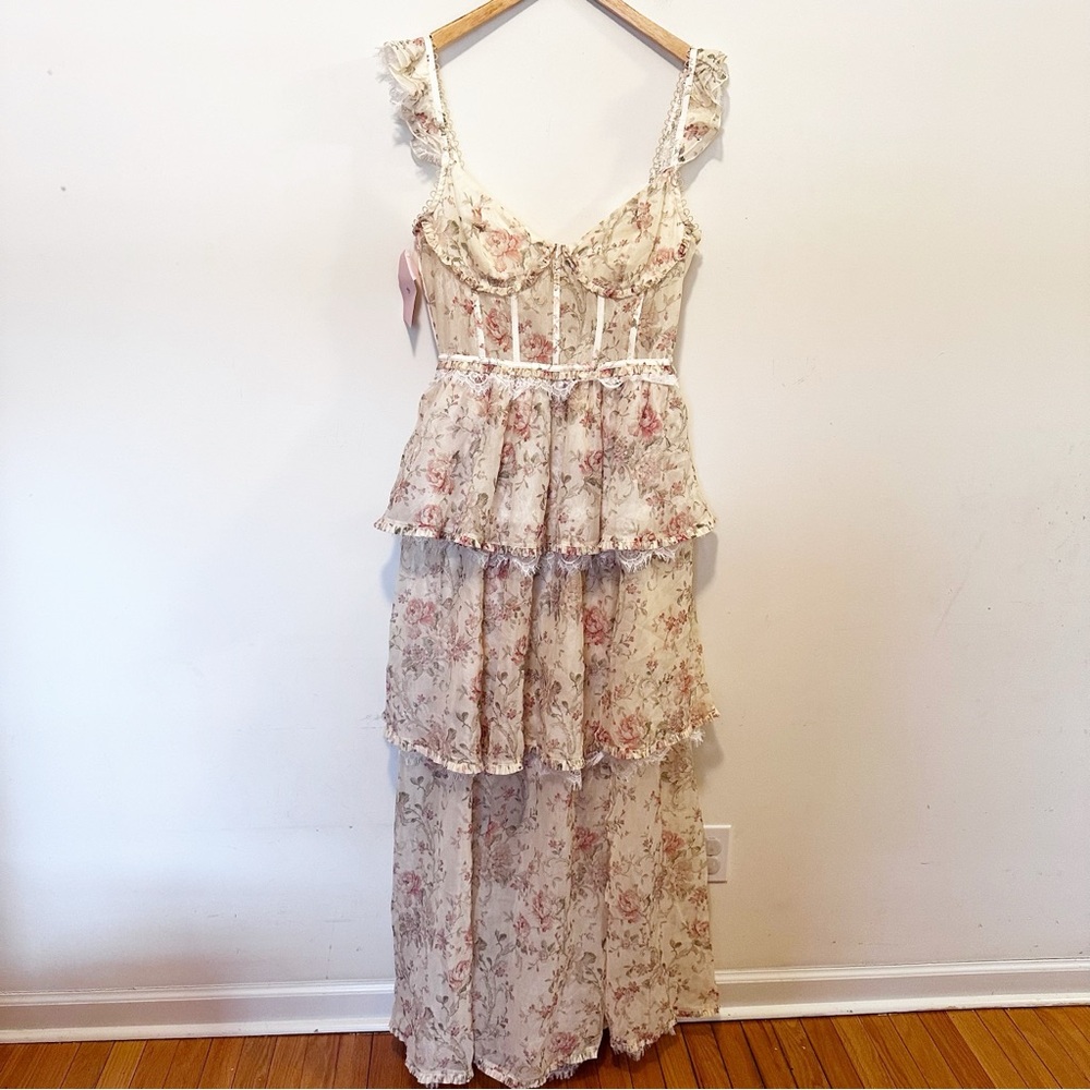 Anthropologie V. Chapman Jolie Corset Ruffle Lace Maxi Gown - Picture 6 of 13